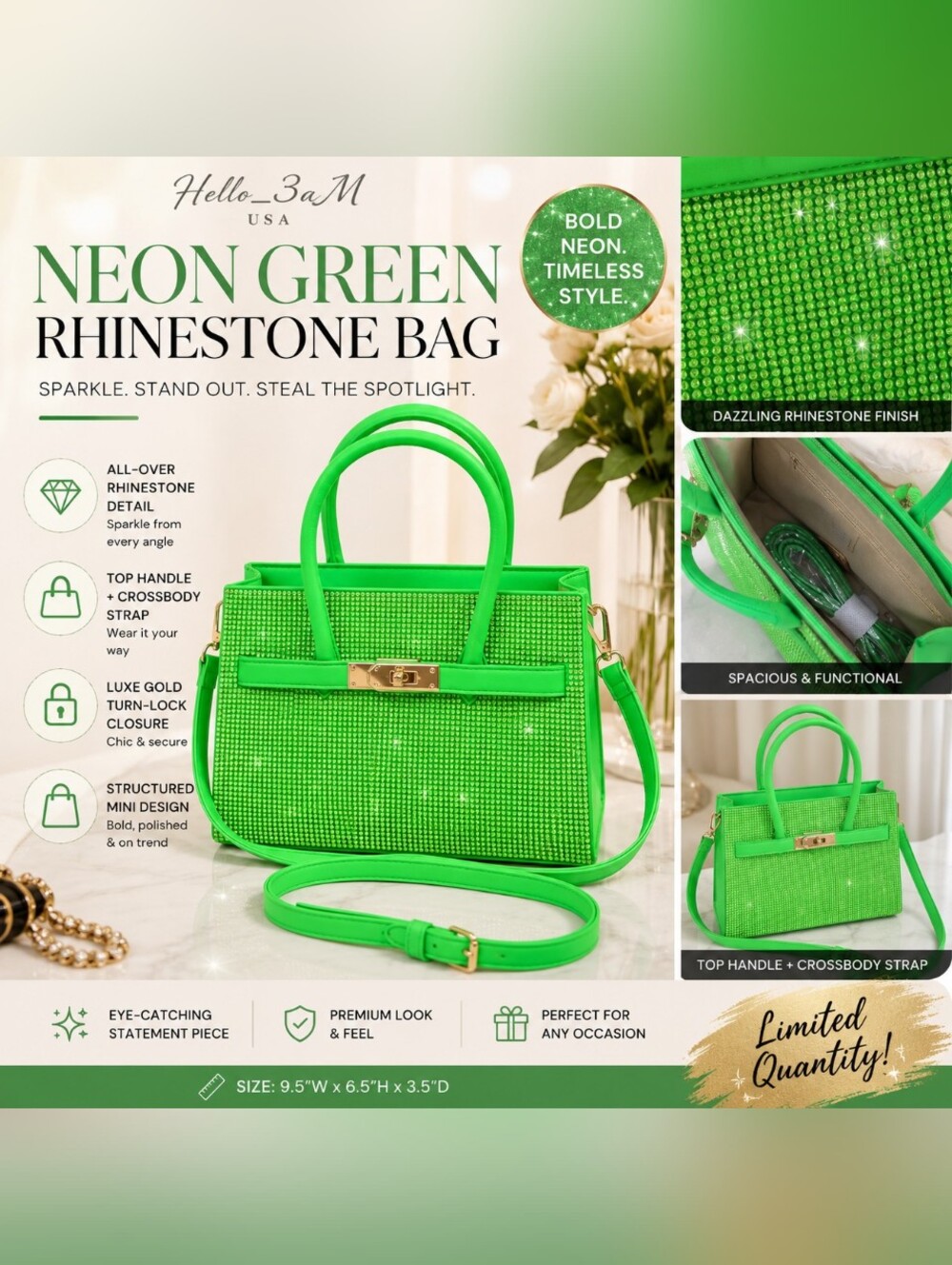 Neon Green Rhinestone Satchel Crossbody Purse Top Handle Statement Handbag NWT